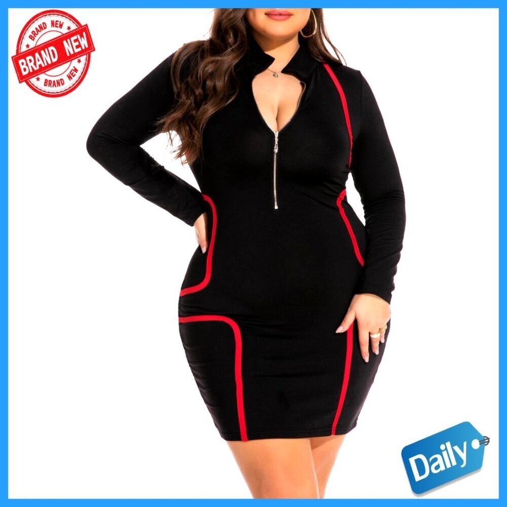 Deep V Neck Front Zip Long Sleeve Bodycon Mini Dress Elegant Sexy Clubwear